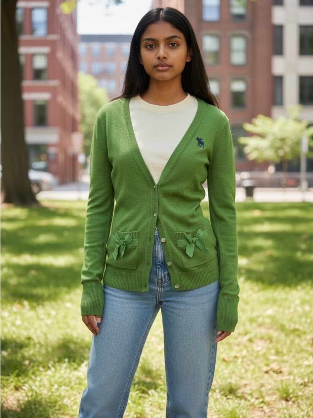 Abercrombie & Fitch Y2K Green V-Neck Bow Pocket Cardigan Small EUC